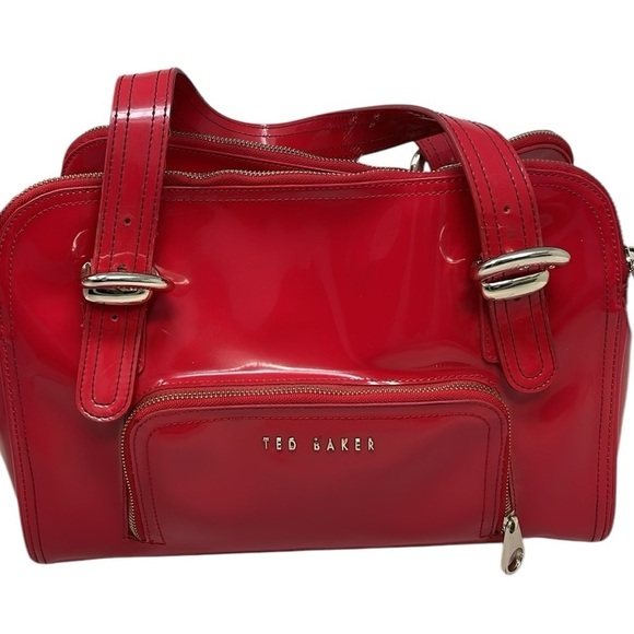 TED BAKER Purse Red Patent Bag Pockets Zip Gold Tone Hardware Satchel - Picture 6 of 14